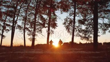两名游客剪影日落在森林阳光下徒步旅行。 旅游观光旅游观光旅游观光旅游观光旅游团体